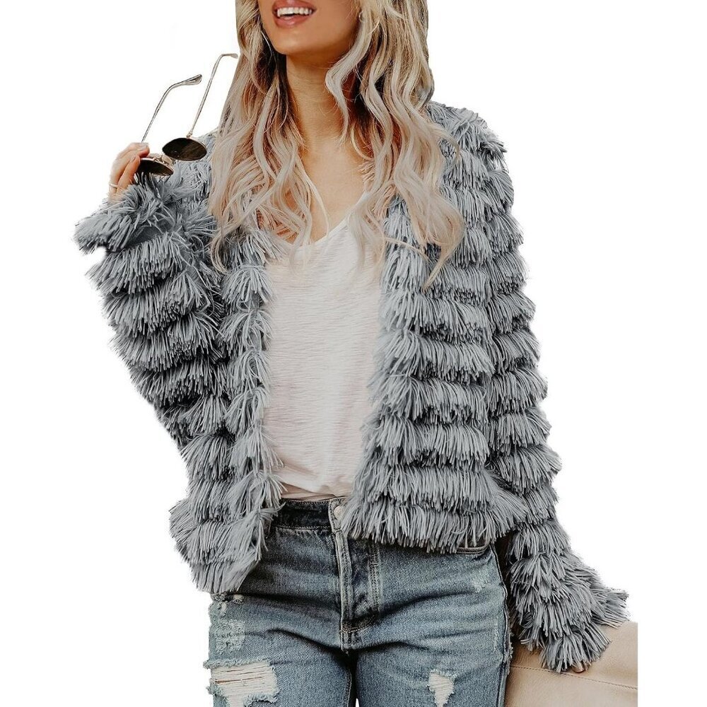 Women's Grey Inorin Faux Fur Coat Open Front Shaggy Cardigan Vintage Jacket